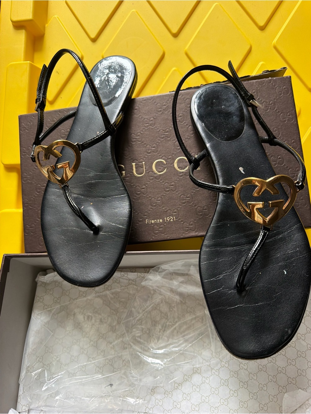 Gucci Black Leather Sandals with Gold Heart GG Accent